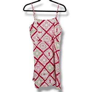 Monteau Los Angeles Red Lobster Print Linen Blend Smocked Mini Dress Womens M